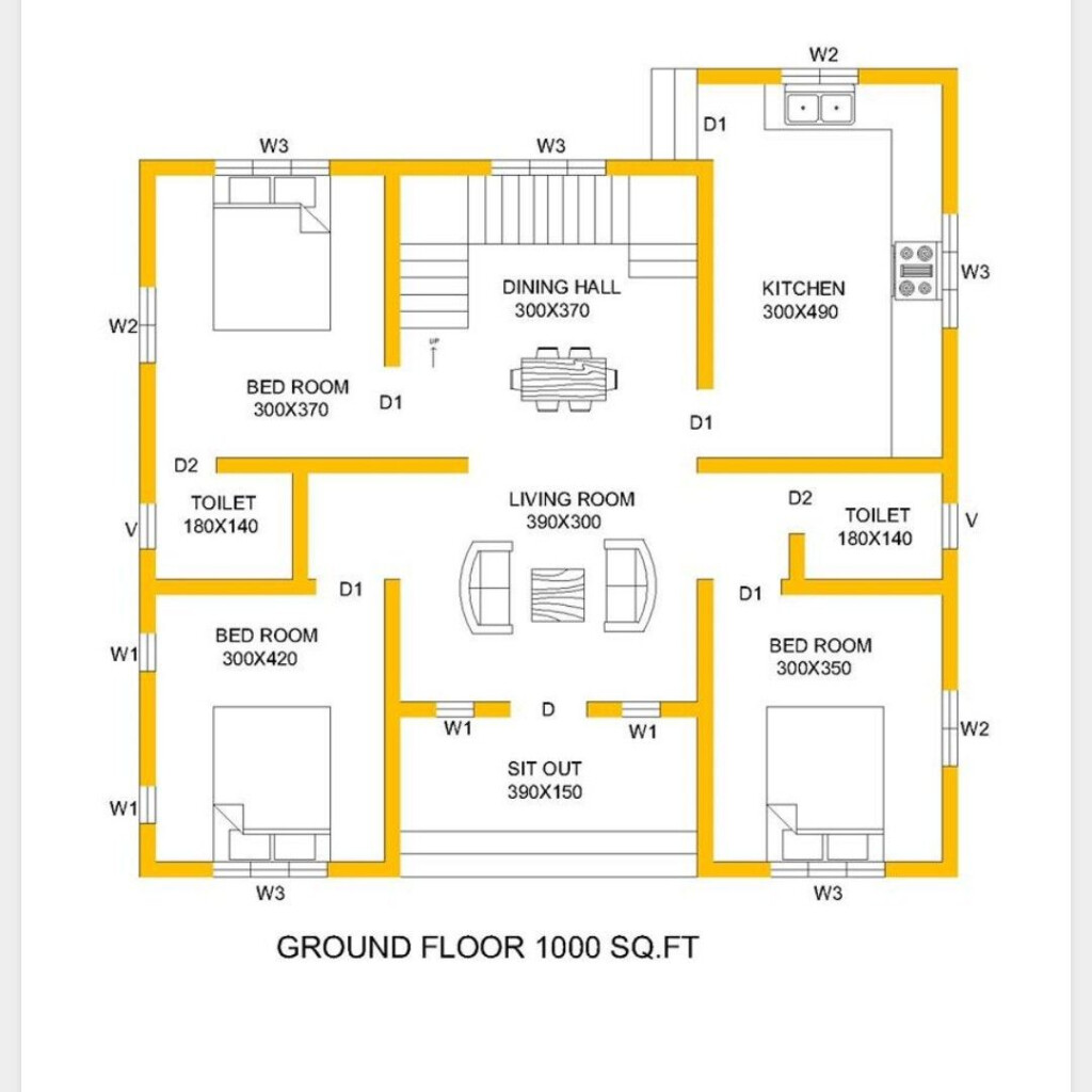 1000 Sq Ft 3BHK Contemporary Style Single Floor House And Free Plan  - 3 Bedroom 1 Bath 1000 SQ FT House Plans