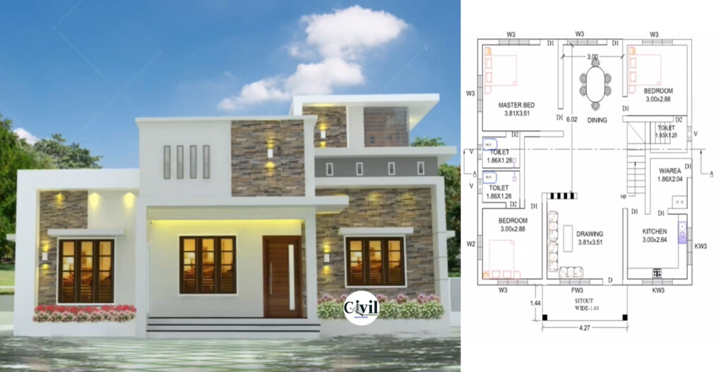 1000 Sq Ft 3BHK Contemporary Style Single Storey House And Free Plan  - 1000 SQ FT House Plans With Shop