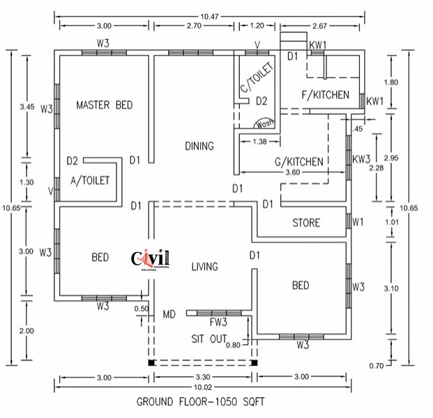 1050 Sq Ft 3BHK Modern Single Floor House And Free Plan Engineering  - 1050 SQ FT House Plans India