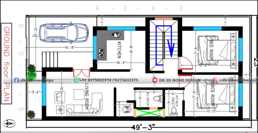 1100 Sq Ft House Plan 2bhk With Car Parking DK 3D Home Design - 1100 SQ FT House Plans With Car Parking