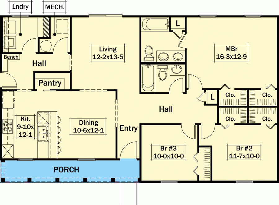 1400 Square Foot 3 Bed Ranch House Plan With 5 Columned Front Porch  - 1400 SQ FT Ranch House Plans With Basement