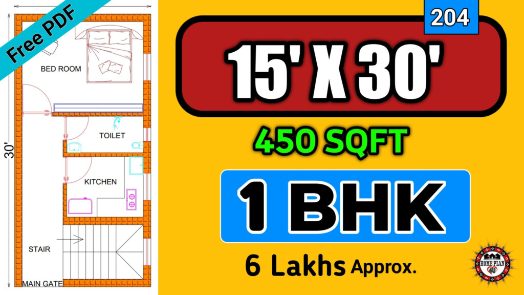 15 X 30 Floor Plan 450 Sqft 1 Bhk House Plans Plan No 204 - 450 SQ FT House Plans With 1 Bedroom