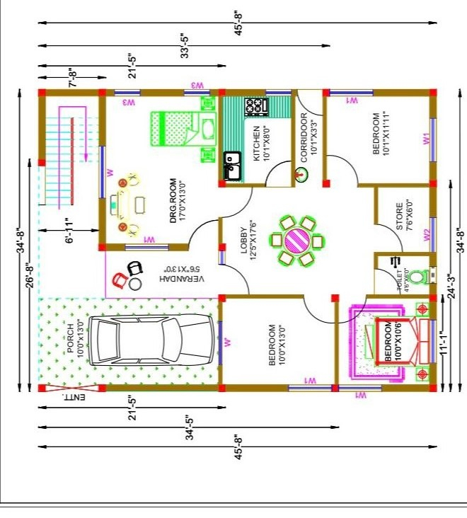 1500 Sq Ft 2 Story House Design With Exterior Color Options And 2D Plan  - 2 Story House Plans Pre-Fab 1500 SQ FT