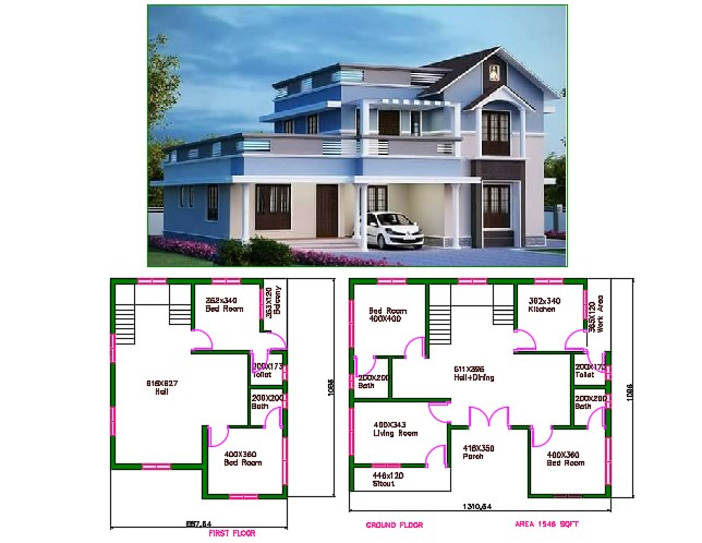 1500 Sq Ft House Plan With Car Parking DWG And 3d Max File Cadbull - 3D House Plans In 1500 SQ FT