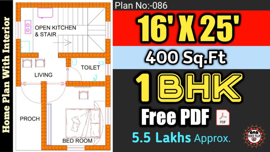 16 X 25 HOUSE PLAN 400 Square Feet 1Bhk House Plan No 086 - 1Bhk House Plan 400 SQ FT