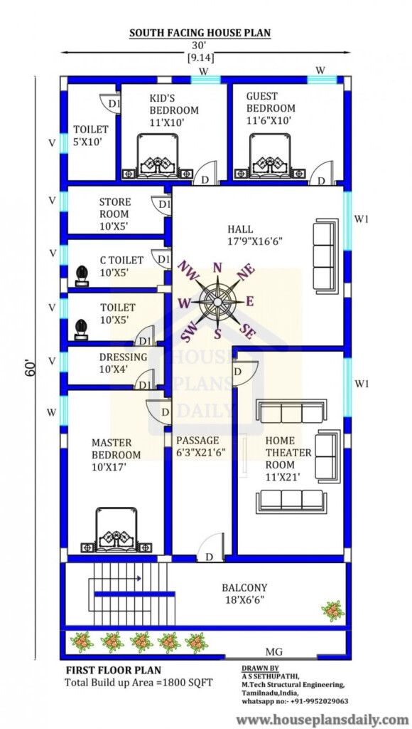 1800 Sqft House Plan South Facing Home Design House Designs And  - 1800 SQ FT House Plans With Swimming Pool