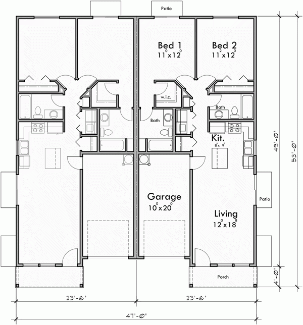 2 Bedroom Duplex Floor Plans With Garage Www resnooze - 1000 SQ FT Duplex House Plans 2 Bed Narrow