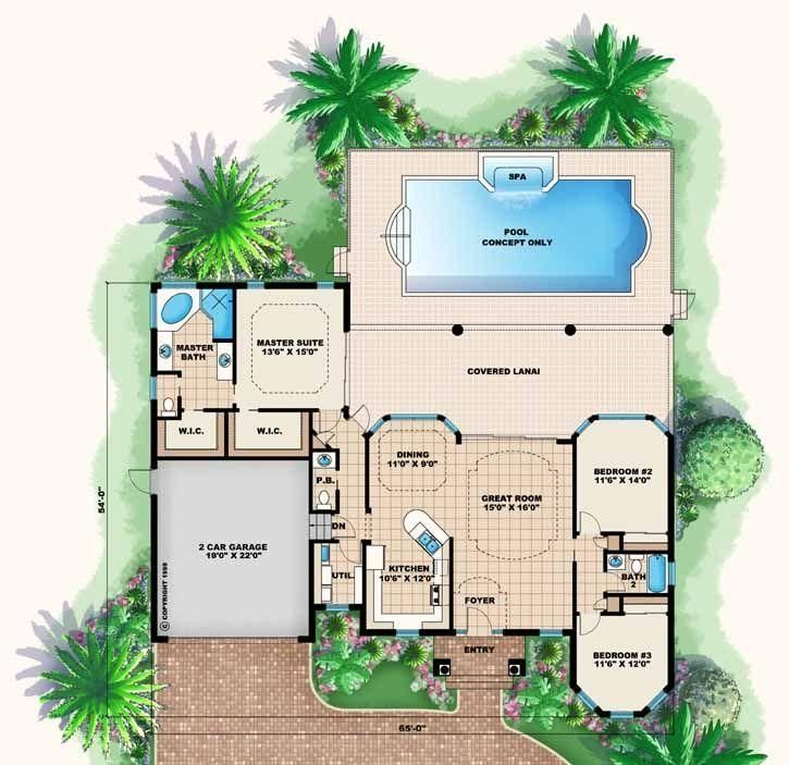 2 Bedroom Pool House With Garage Google Search Florida House Plans  - 2500 SQ FT House Plans With Swimming Pool