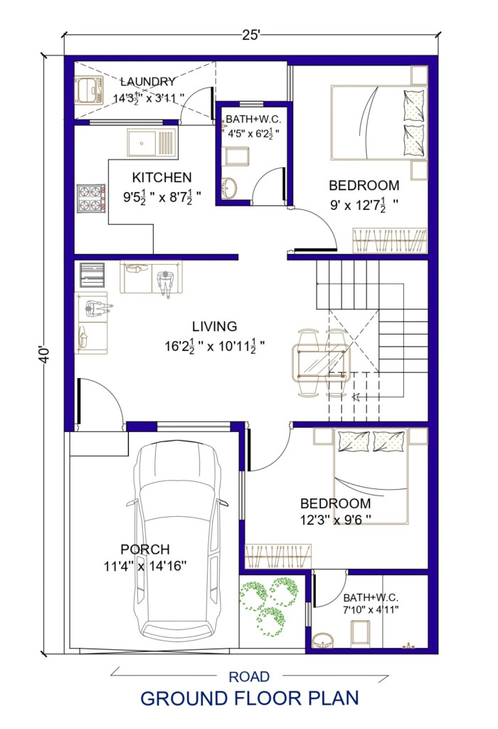 25 X 40 House Plan 2 BHK 1000 Sq Ft House Design Architego - 2 Bhk 1000 SQ FT House Plan