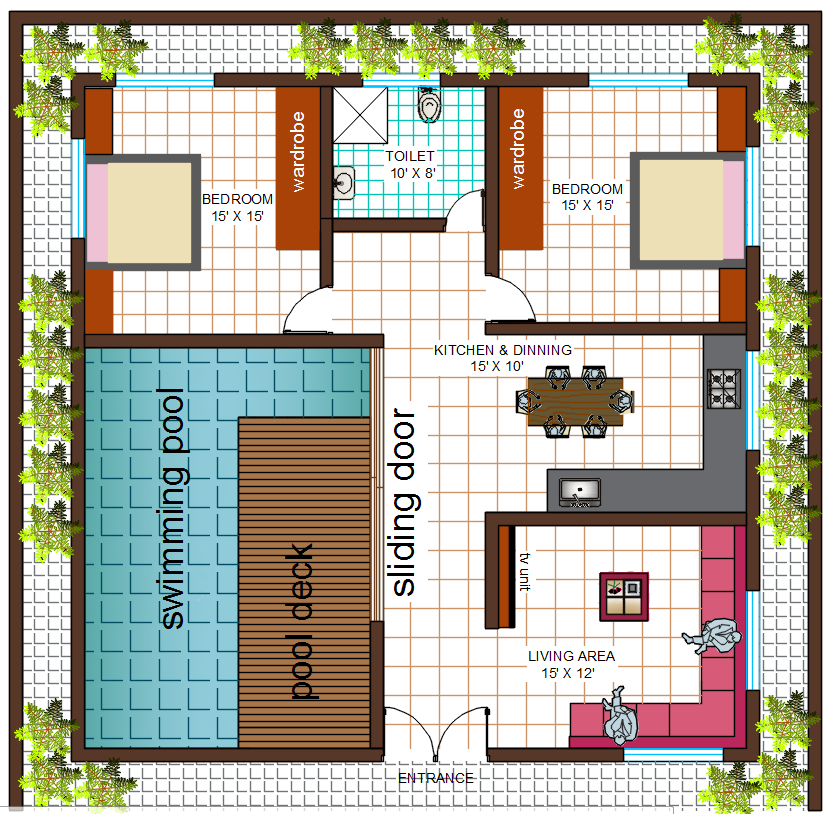 2500 Sqft House Plan With Swimming Pool Design DWG File Cadbull - 2500 SQ FT House Plans With Swimming Pool