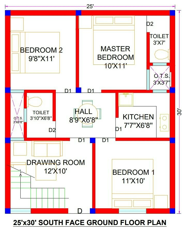 25x30 House Plans South Facing 750 Sq Ft Indian Style - 750 SQ FT House Plans Indian Style