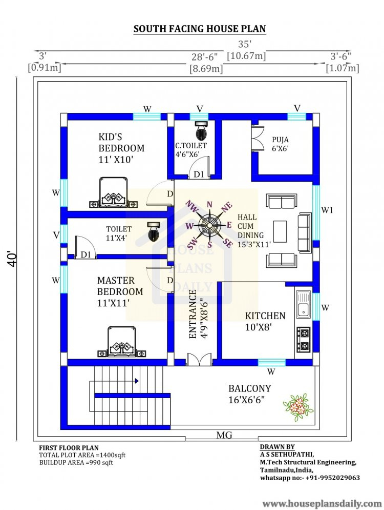 2BHK Floor Plan 1000 Sqft House Plan South Facing Plan House  - 2Bhk House Plans At 1000 SQ FT