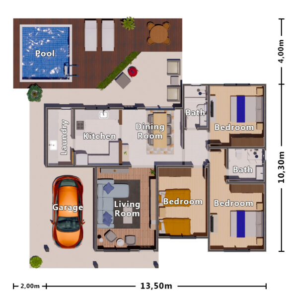 3 Bedroom House Plan With Swimming Pool H7 - 2500 SQ FT House Plans With Swimming Pool