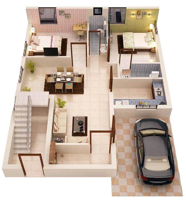 3 Bedroom House Plans 1200 Sq Ft Indian Style 3d 1200 Sq Ft square  - 3 Bedroom House Plan 1200 SQ FT