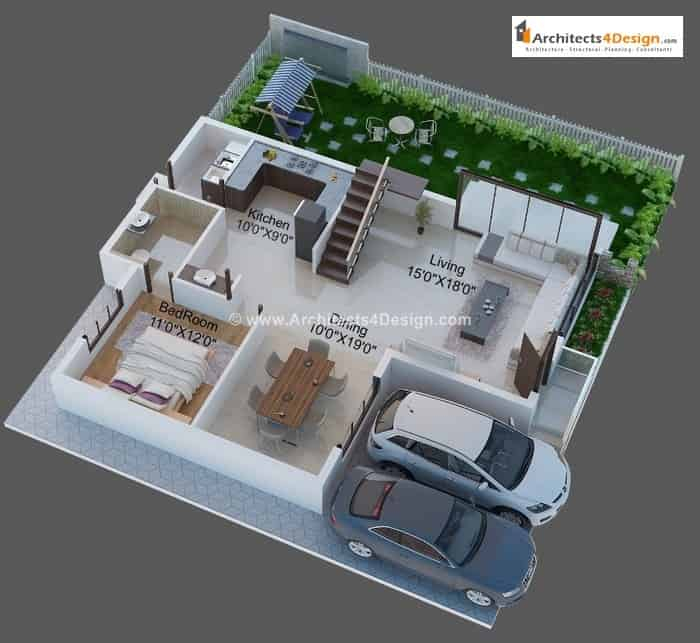 3 Bhk House Plan In 1200 Sq Ft 3d House Poster - 1200 SQ FT House Plan With Car Parking 3D