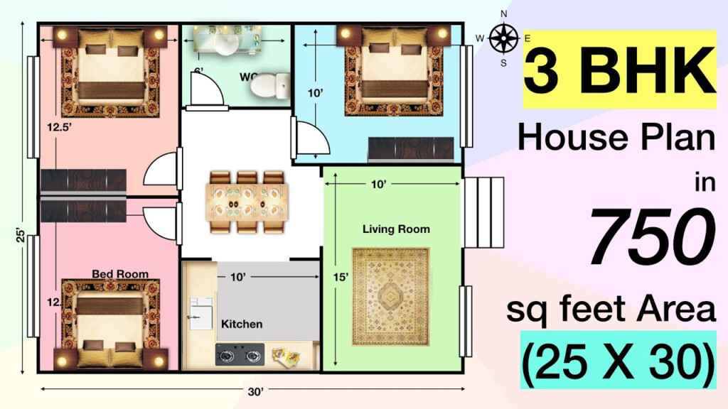 3 BHK House Plan In 750 Sq Feet 25 X 30 YouTube - 3 Bedroom House Plans 750 SQ FT