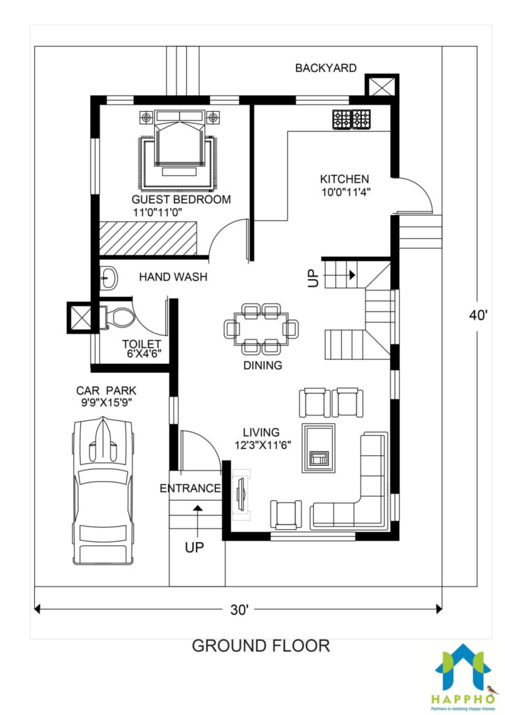 30 X 40 Duplex Floor Plan 3 BHK 1200 Sq ft Plan 028 Happho - 1200 SQ FT Double Floor House Plans