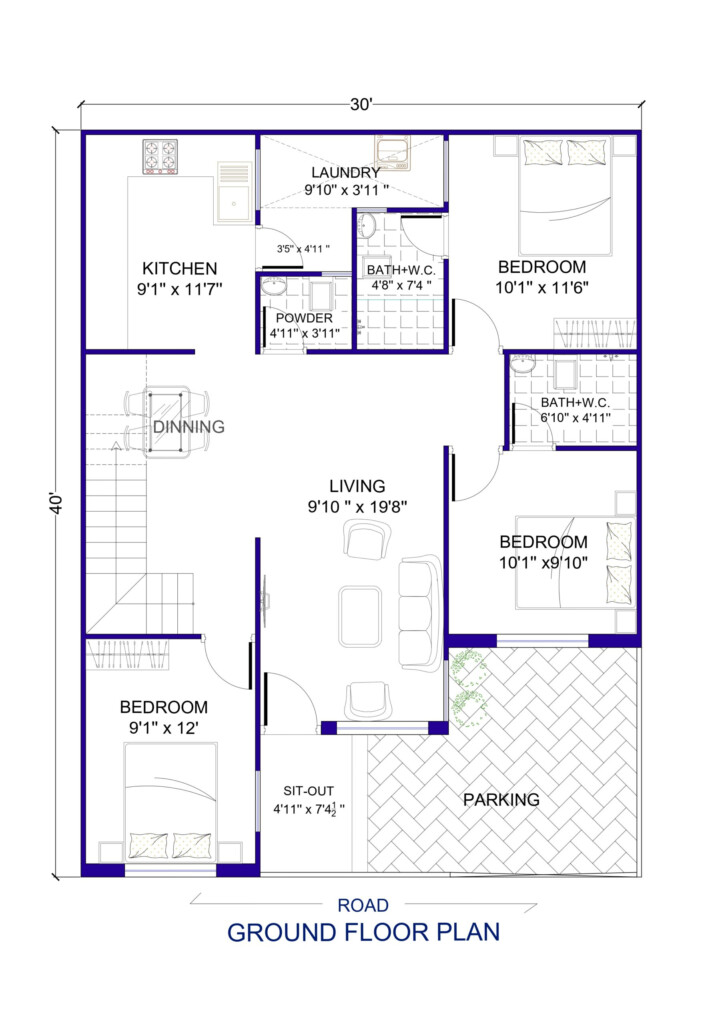 30 X 40 House Plan 3Bhk 1200 Sq Ft Architego - 3040 House Plans For 1200 SQ FT House Plans