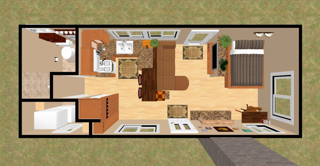 3D Top View Of The 360 Sq Ft Shy Lightning Small Tiny House Small  - House Plan For 360 SQ FT