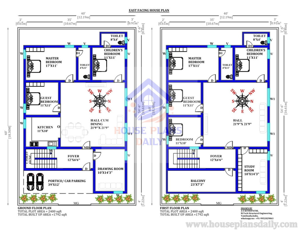 40x60 House Plan Two Story Building 2400 Sq Ft House Houseplansdaily - 2400 SQ FT Bungalow House Plans