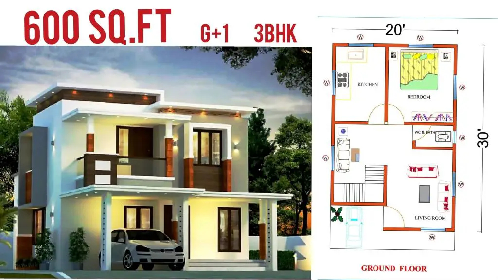 600 Sq Ft 3BHK II 20 X 30 House Design  - 600 SQ FT House Plans With Car Parking