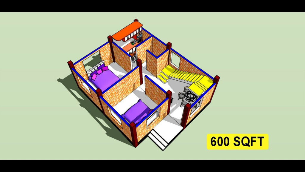 600 Sqft Village tiny House Plan II 2 Bhk Home Design II 600 Sqft  - 600 SQ FT House Plans 2 Bedroom 3D