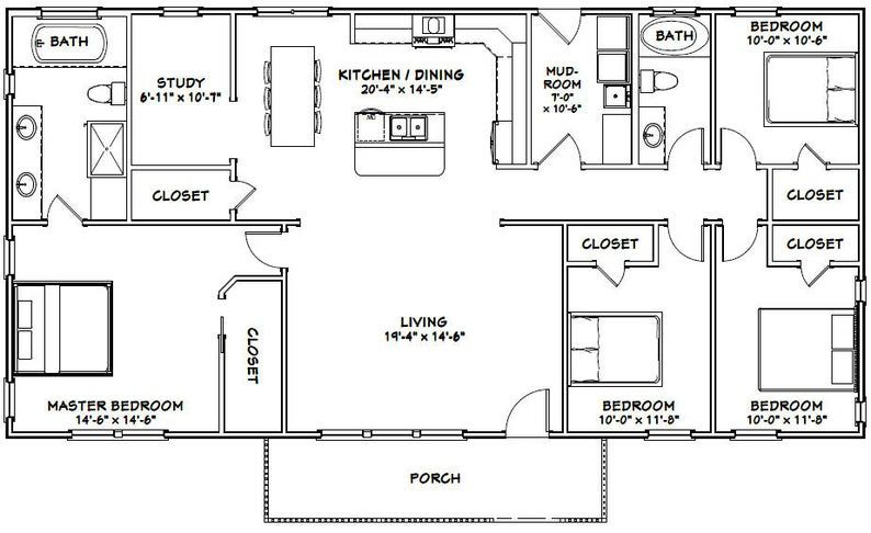 60x30 House 4 Bedroom 2 Bath 1800 Sq Ft PDF Floor Etsy Metal Homes  - 1800 SQ FT Metal Building House Plans