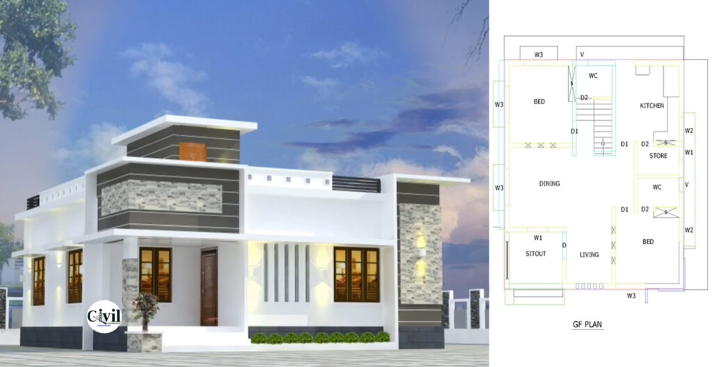 700 Sq Ft 2BHK Contemporary Style Single Storey House And Free Plan  - 700 SQ FT House Plans South Facing