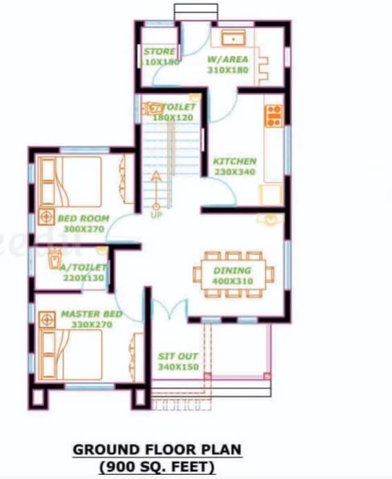 900 Sq Ft 2BHK Traditional Style Single Storey House And Free Plan  - 900 SQ FT House Plans South Facing