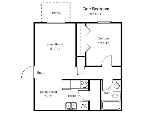 900 Sq Ft Open Floor Plans 1 Bedroom 1 Bathroom 2D Floor Plan Image  - 1 Bedroom 900 SQ FT House Plans