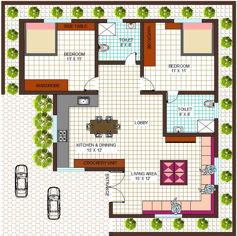 900 Square Feet 2 BHK Contemporary Style Single Floor House Plan Cadbull - 900 SQ FT Single Floor House Plans