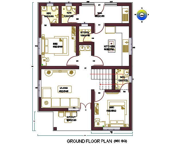 950 Sq Ft House Plan East Facing Direction AutoCAD File Cadbull - 950 SQ FT House Plan With Car Parking