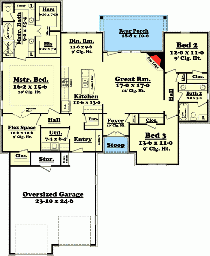 Attractive 3 Bedroom 2 Bath Brick House Plan 2000 Sq Ft 11773HZ  - 3 Bedroom House Plan 2000 SQ FT