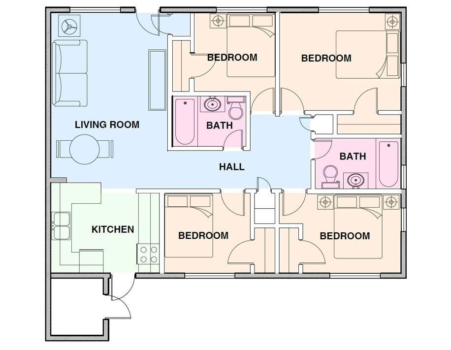 Floor Plan 4 Bedroom 2 Bathroom Floorplans click - 1373 SQ FT 4 Bedroom 2 Bath House Floor Plans