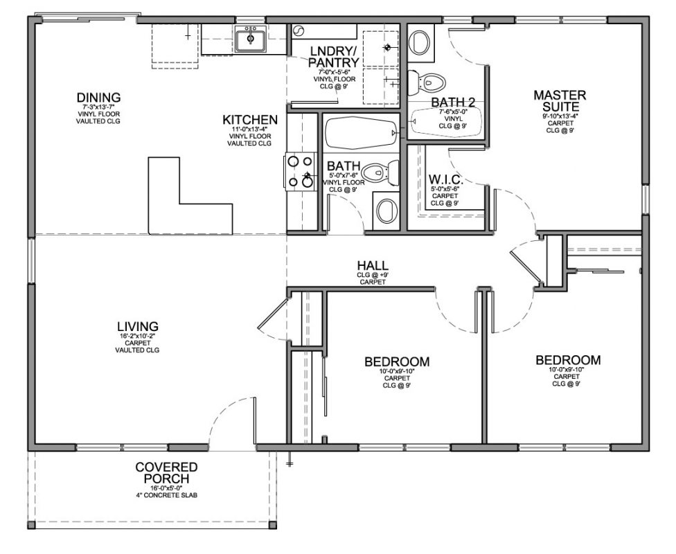 Floor Plan For Affordable 1 100 Sf House With 3 Bedrooms And 2  - 3 Bedroom 2 Bath 1100 SQ FT House Plans