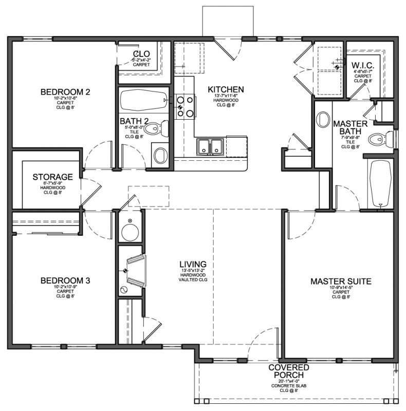 Floor Plan For Small 1 200 Sf House With 3 Bedrooms And 2 Bathrooms  - 1200 SQ FT House Plans 3 Bedroom 2 Bath