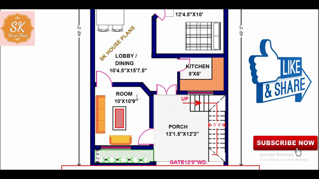 HOUSE PLAN 25 X 49 1225 SQ FT 136 SQ YDS 114 SQ M 4K YouTube - 1225 SQ FT House Plan