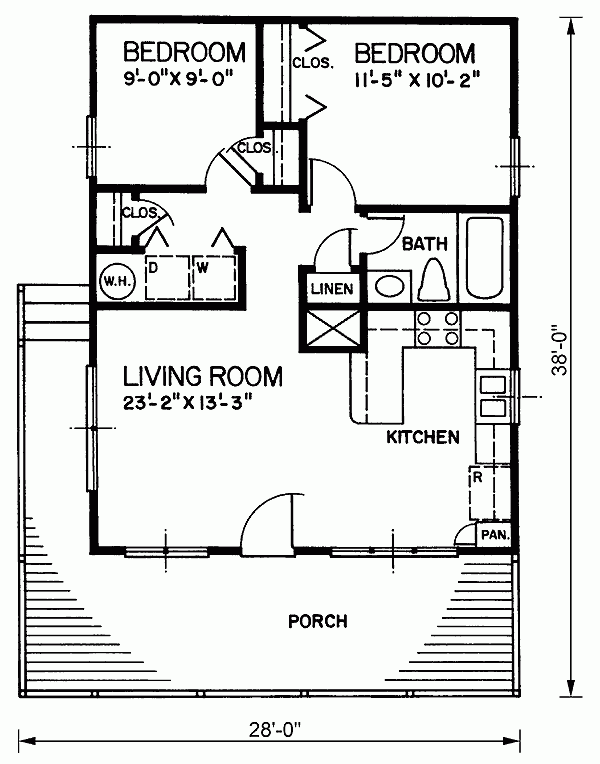 House Plan 45394 Country Style With 720 Sq Ft 2 Bed 1 Bath - 720 SQ FT 2 Bedroom House Plans