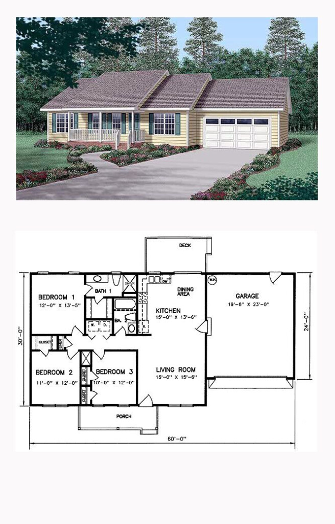 Ranch House Plan 45269 Total Living Area 1200 Sq Ft 3 Bedrooms  - 1200 SQ FT House Plans 3 Bedroom 2 Bath