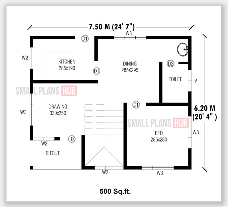 Single Bedroom House Plans With Staircase Under 500 Sq ft For 120 Sq  - 500 SQ FT House Plans 1 Bhk