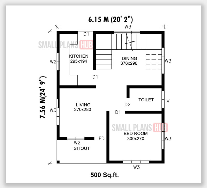 Single Bedroom House Plans With Staircase Under 500 Sq ft For 120 Sq  - House Plan 500 SQ FT