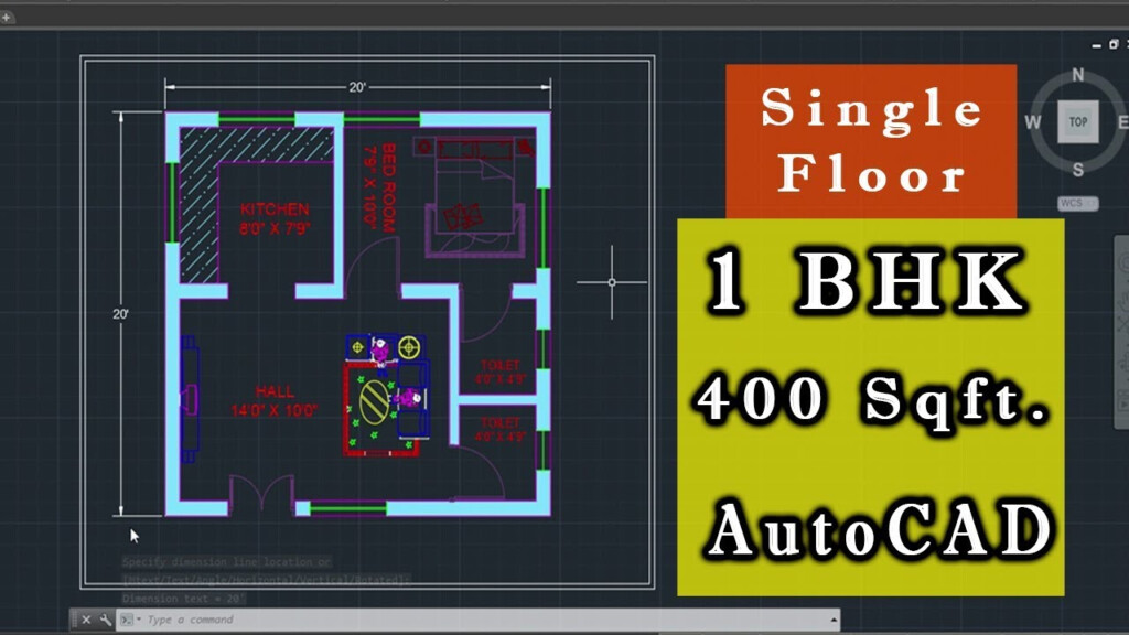 Single Floor Autocad House Plan 1BHK 400 Sqft Autocad Drawings  - 1Bhk House Plan 400 SQ FT