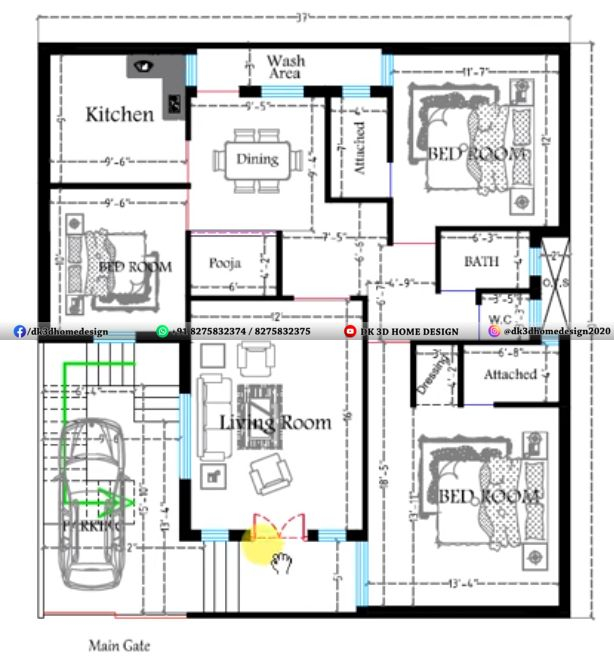 The Floor Plan For A House With Three Rooms - 3 Bedroom 1600 SQ FT House Plans 3D