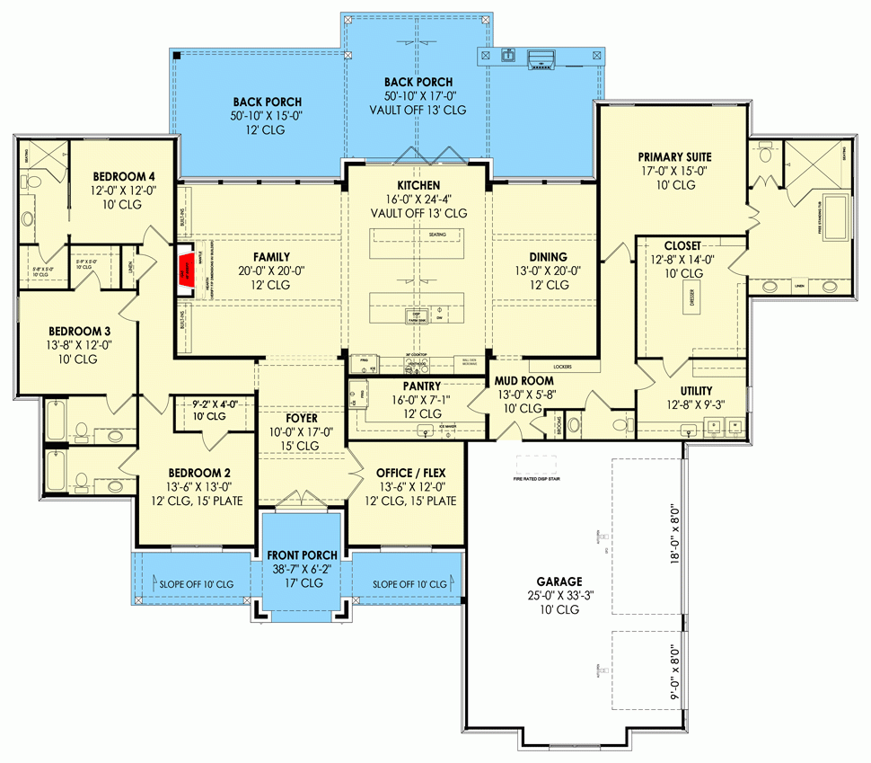 Transitional 3600 Square Foot One Level House Plan With Split Bed  - 3600 SQ FT House Plans