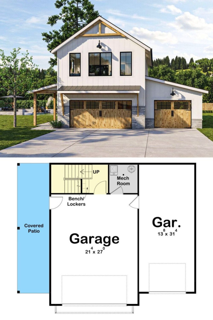 Two Story 1 Bedroom New American Carriage Home With 3 Car Garage Floor  - 767 SQ FT House Plans