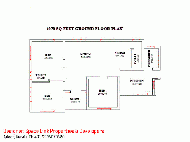 Villa Type 3 Bedroom Lovely Kerala Home Plan In 1070 SqFt With Free  - 3 Bedroom 1070 SQ FT House Plans